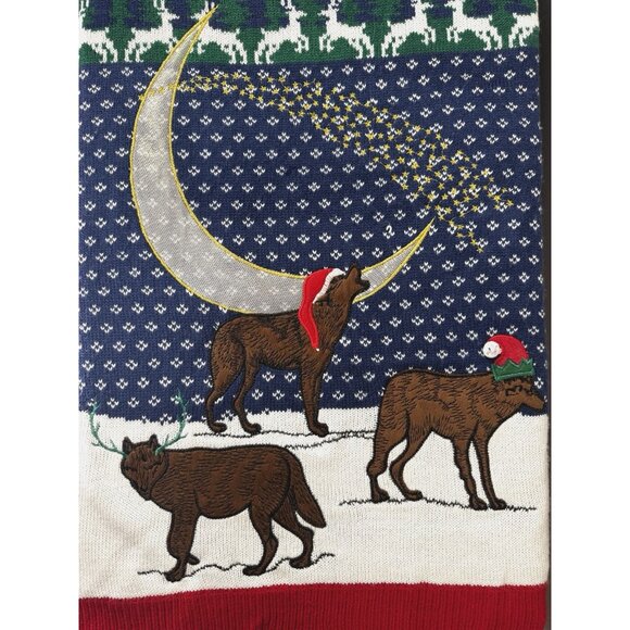 Mens Ugly Christmas Sweater 2XL Wolves Reindeer Moon Holiday Winter Cozy Funny - Picture 6 of 9